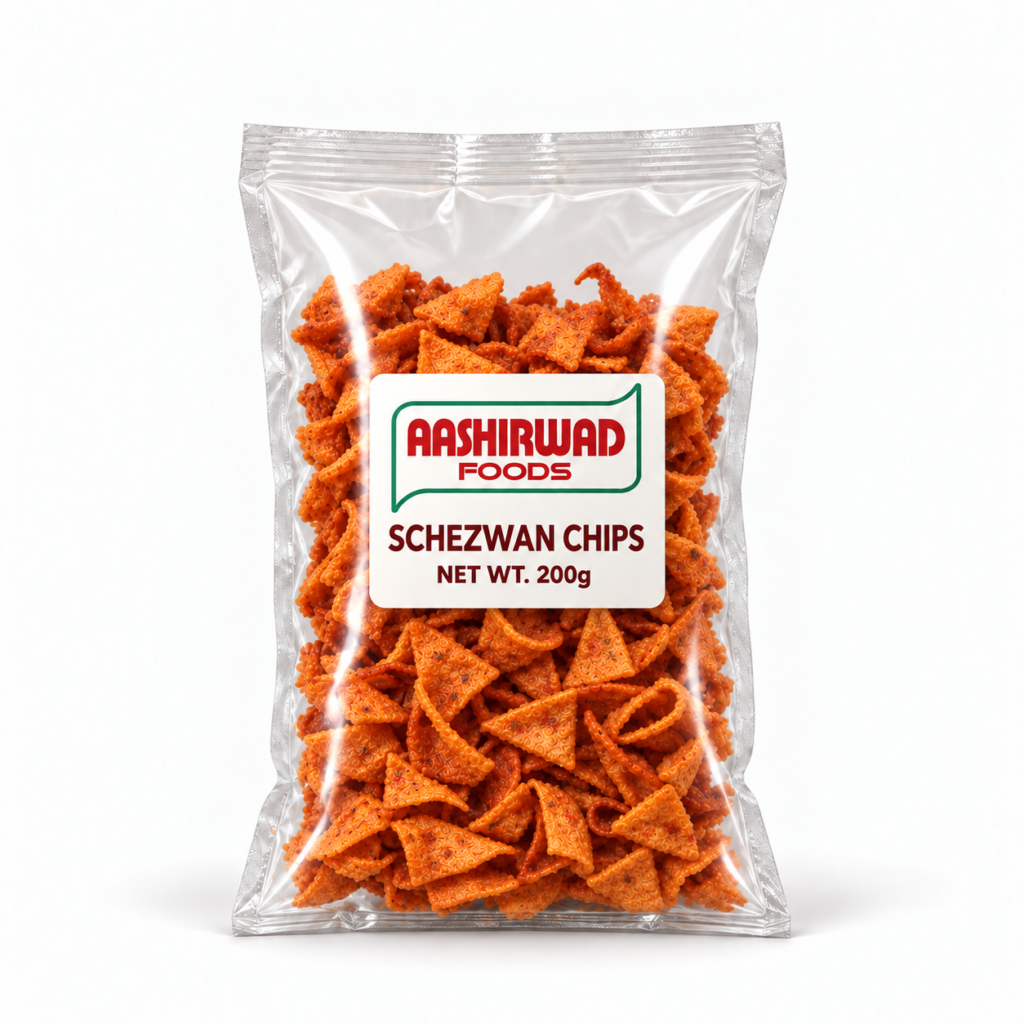 Aashirwad Foods Schezwan Chips 200g transparent pouch mockup