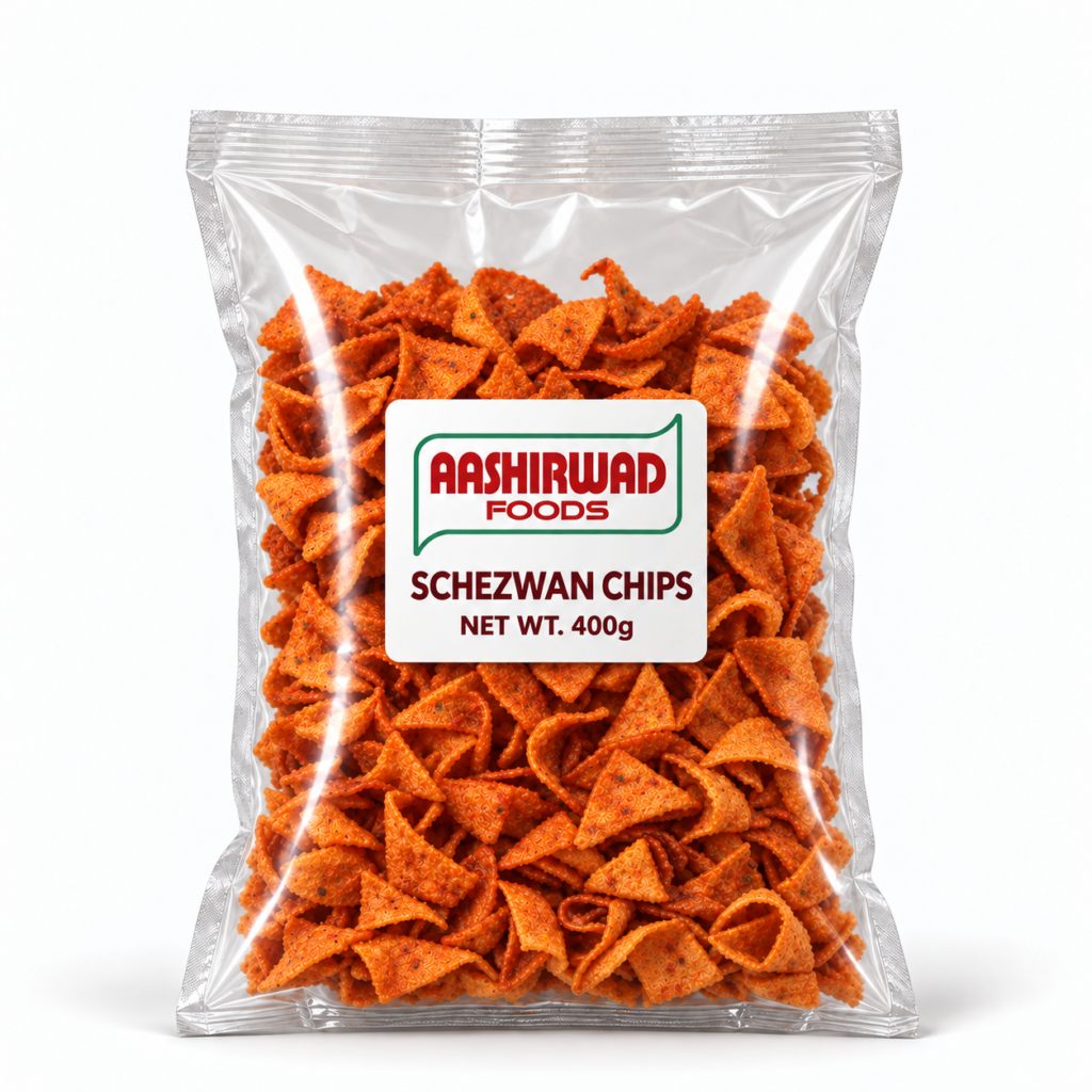 Aashirwad Foods Schezwan Chips 400g transparent pouch mockup