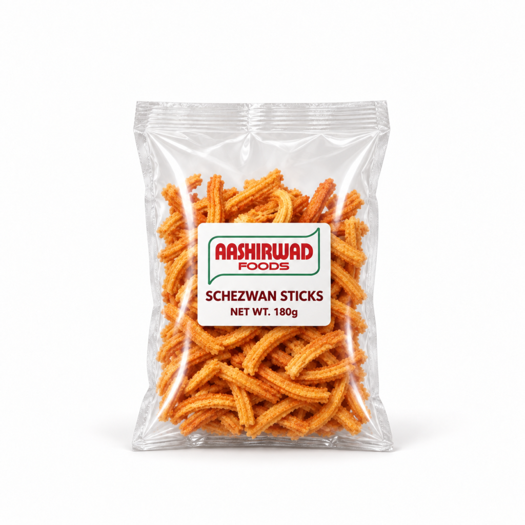 Aashirwad Foods Schezwan Sticks 180g transparent pouch mockup