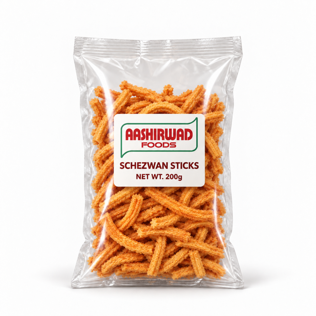Aashirwad Foods Schezwan Sticks 200g transparent pouch mockup