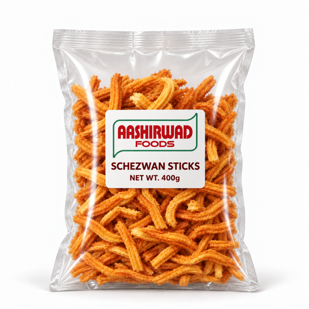 Aashirwad Foods Schezwan Sticks 400g transparent pouch mockup