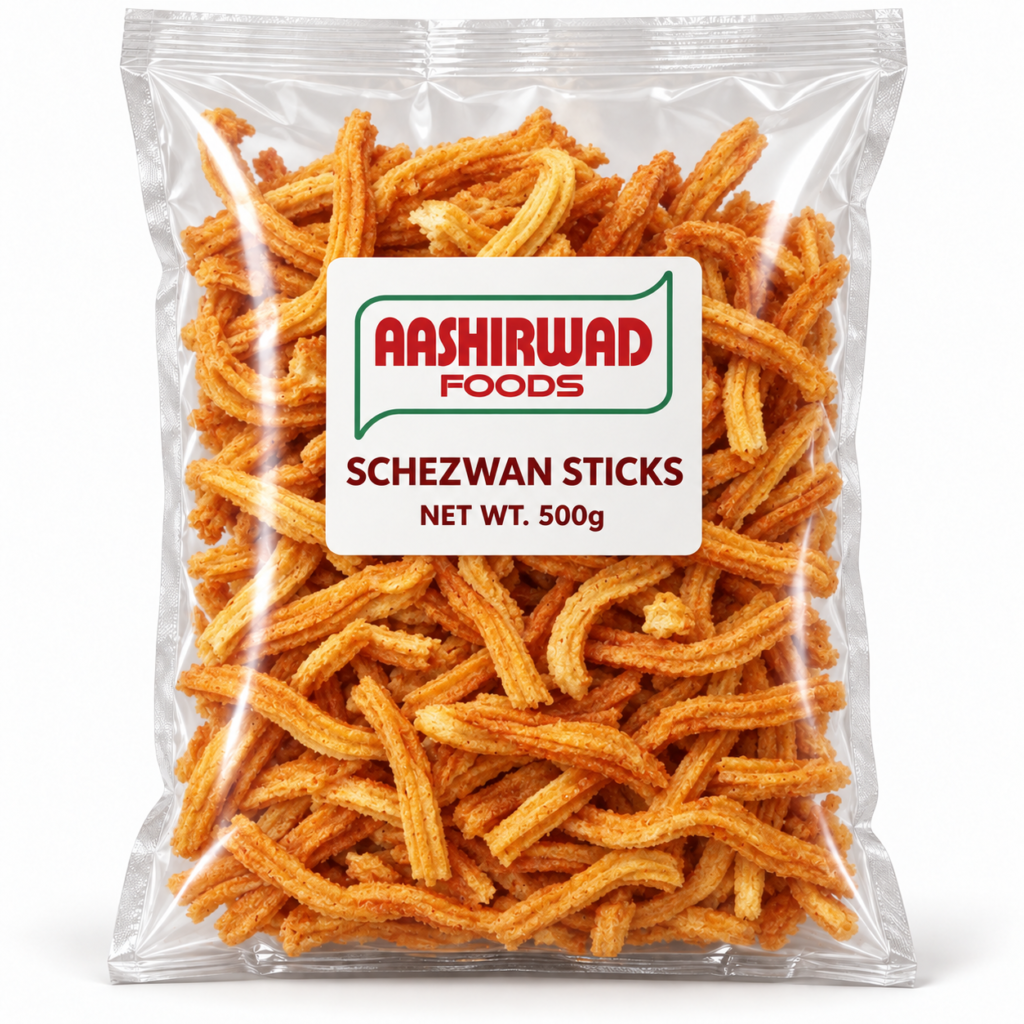 Aashirwad Foods Schezwan Sticks 500g transparent pouch mockup