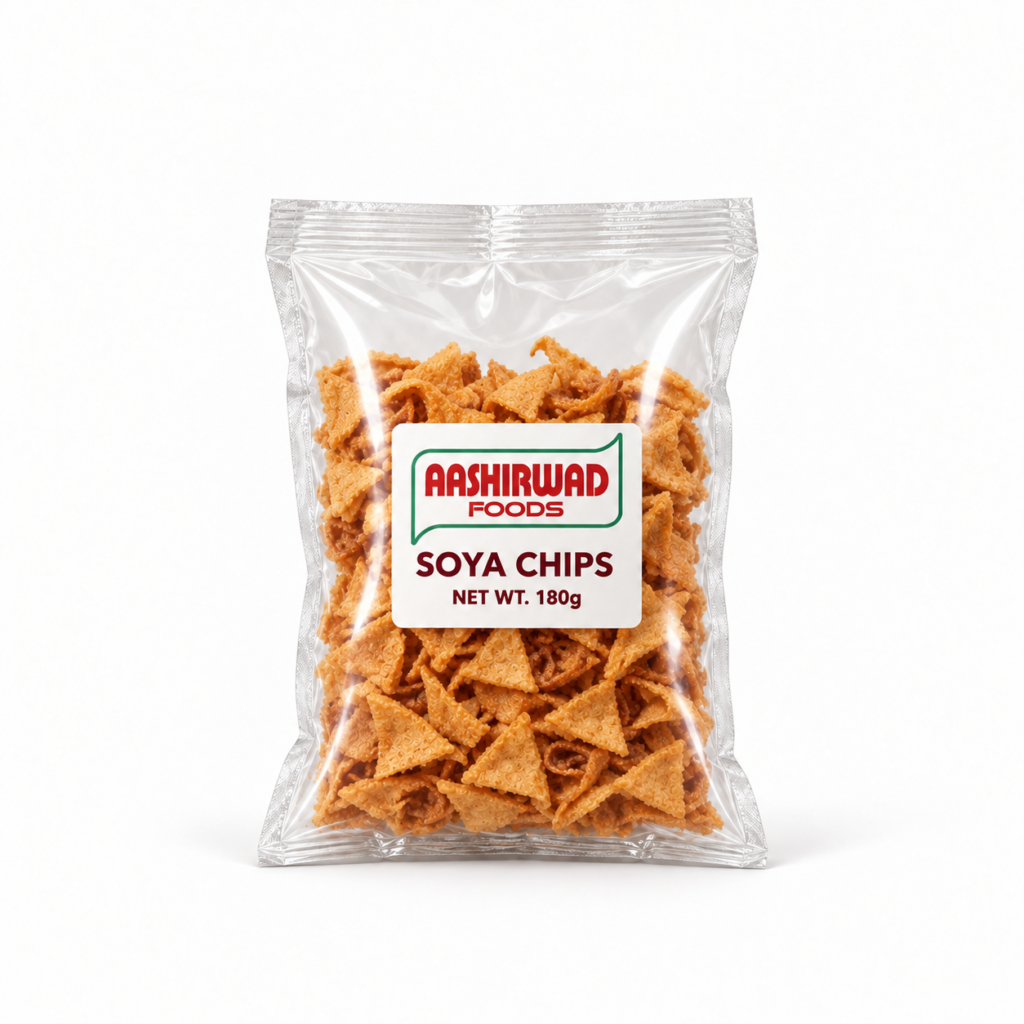 Aashirwad Foods Soya Chips 180g transparent pouch mockup