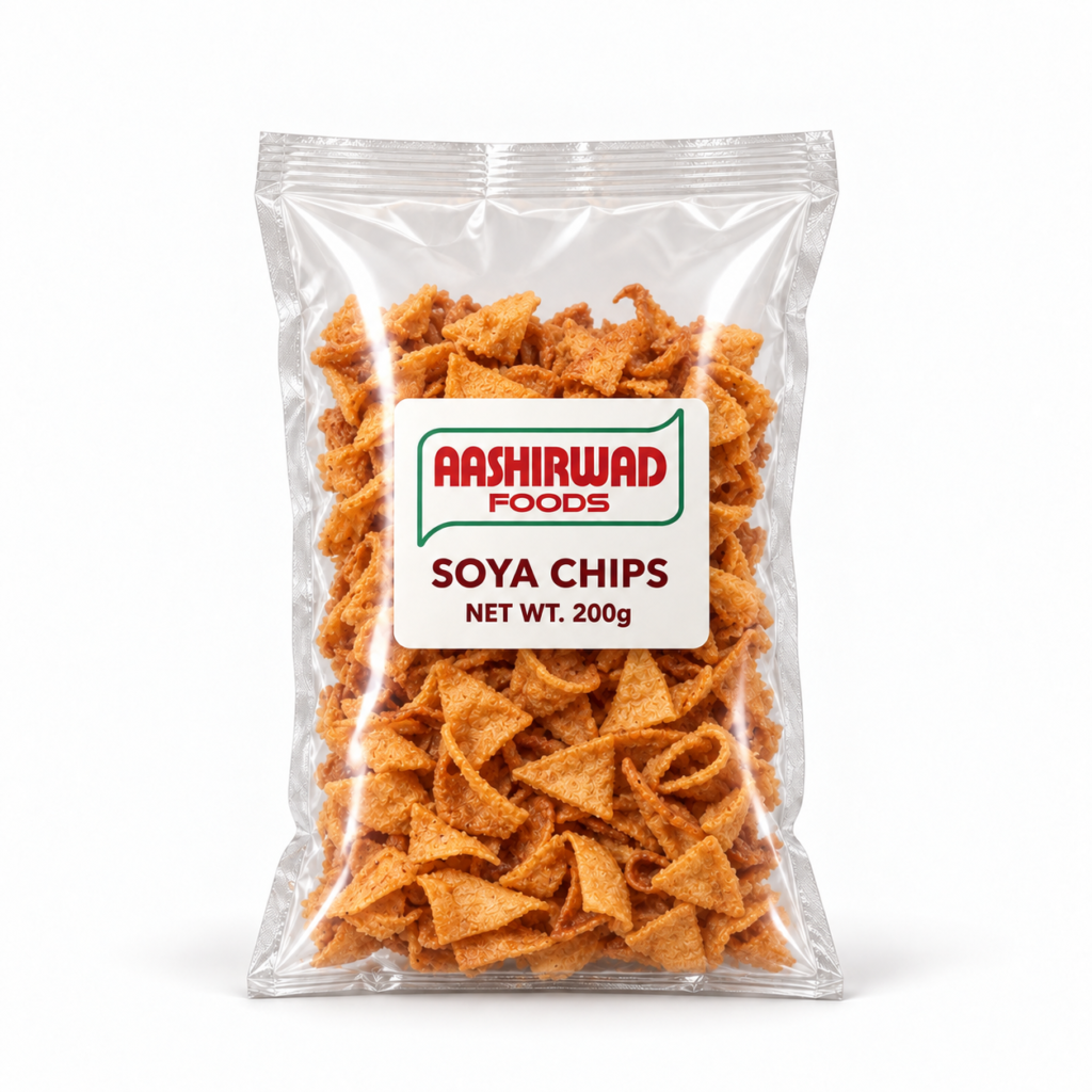Aashirwad Foods Soya Chips 200g transparent pouch mockup