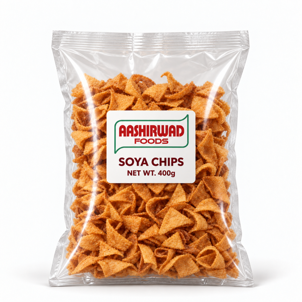 Aashirwad Foods Soya Chips 400g transparent pouch mockup