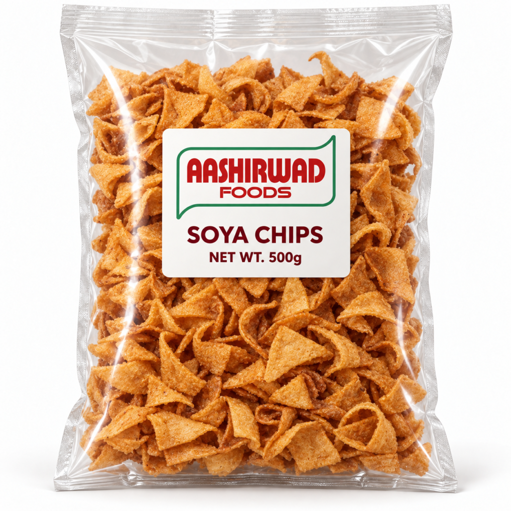 Aashirwad Foods Soya Chips 500g transparent pouch mockup