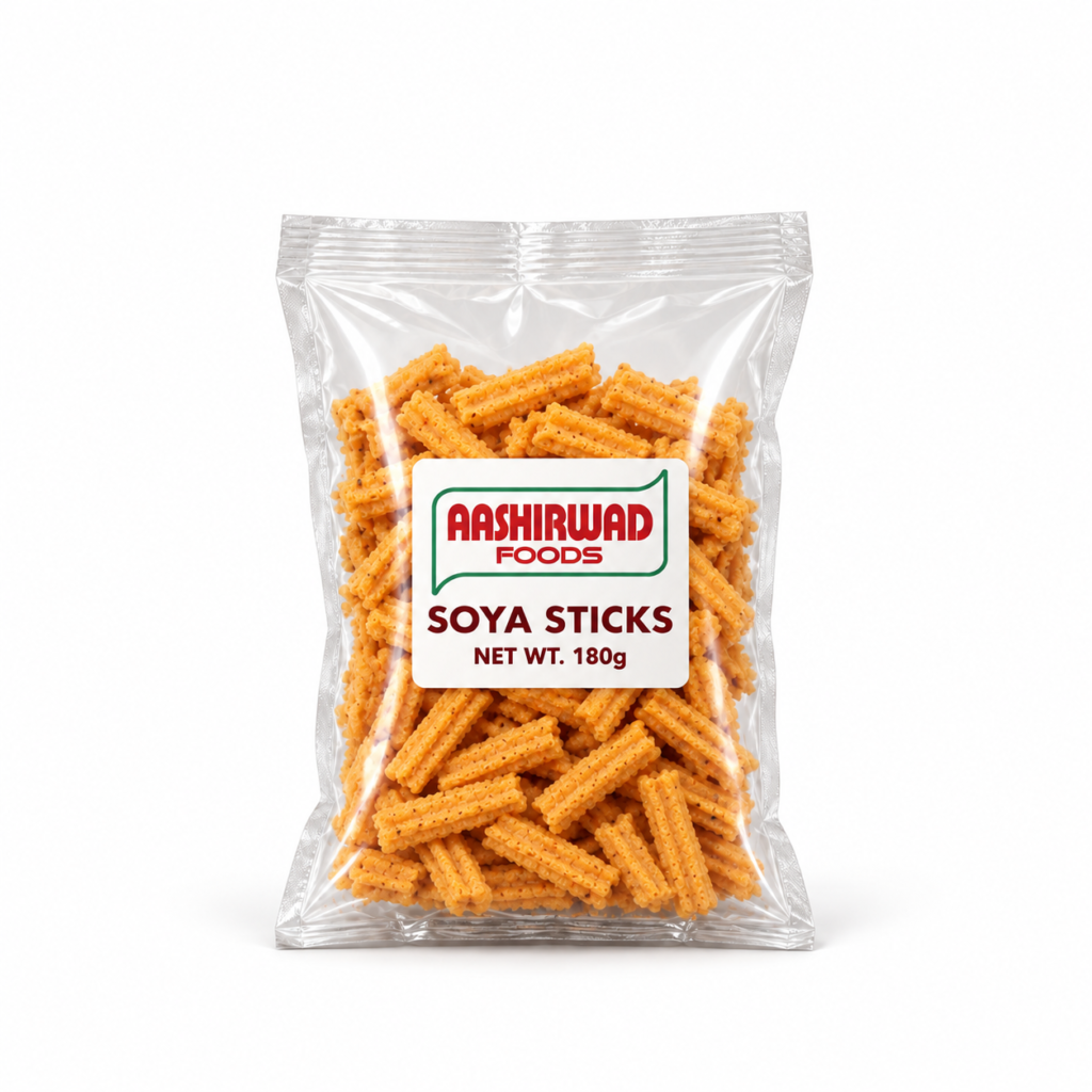 Aashirwad Foods Soya Sticks 180g transparent pouch mockup