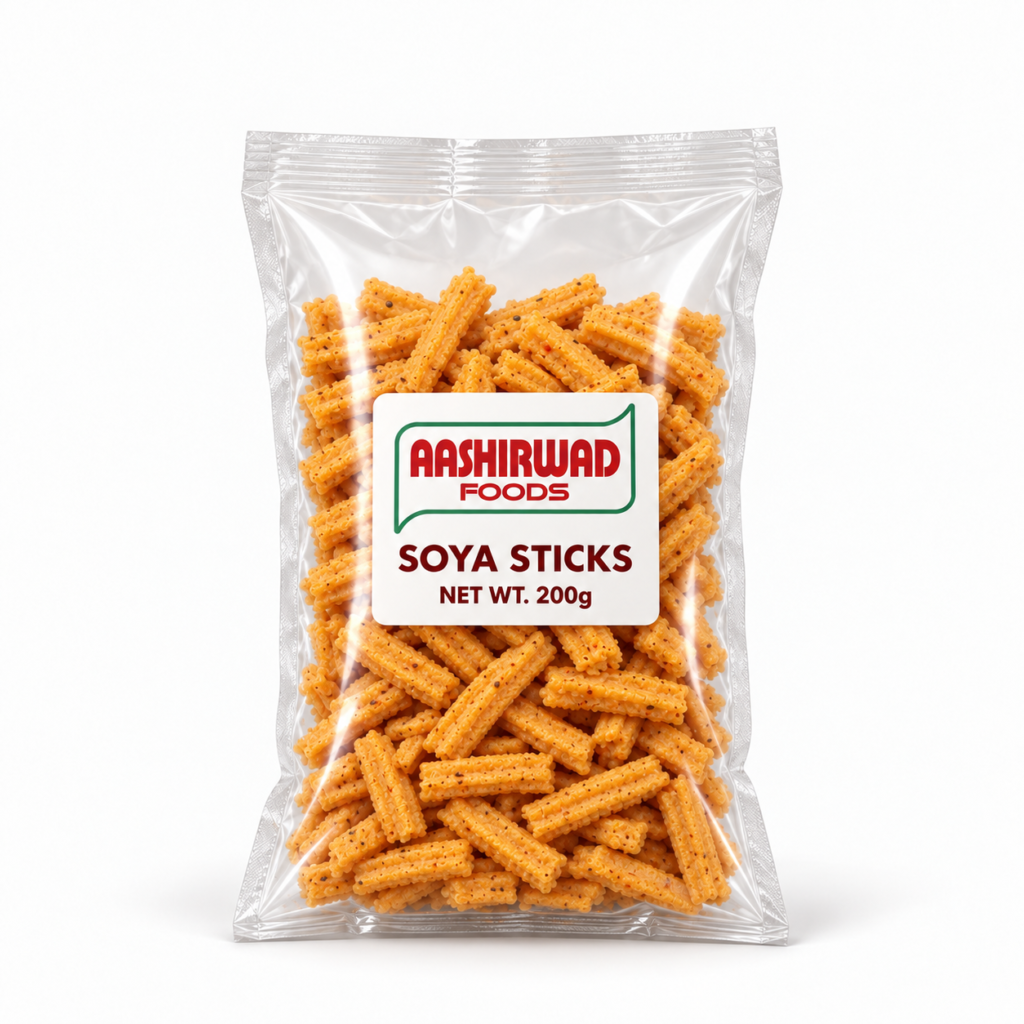 Aashirwad Foods Soya Sticks 200g transparent pouch mockup