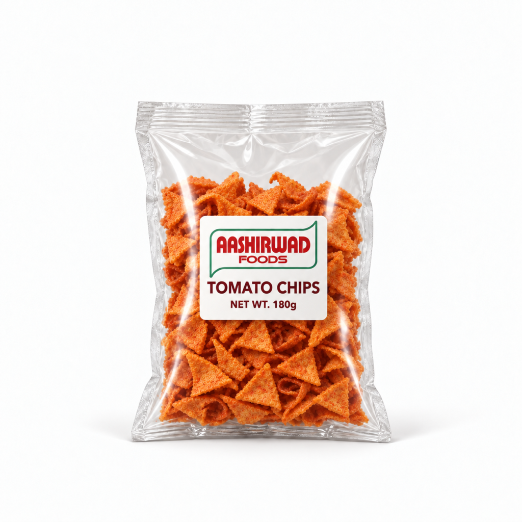 Aashirwad Foods Tomato Chips 180g transparent pouch mockup