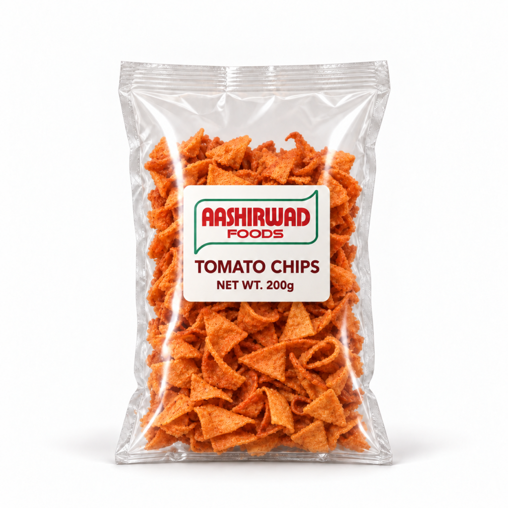 Aashirwad Foods Tomato Chips 200g transparent pouch mockup