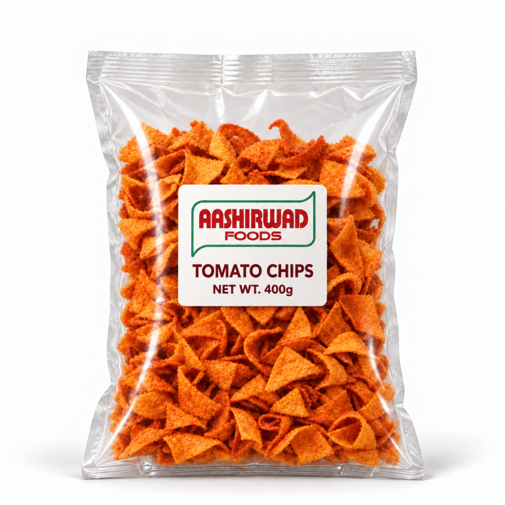 Aashirwad Foods Tomato Chips 400g transparent pouch mockup