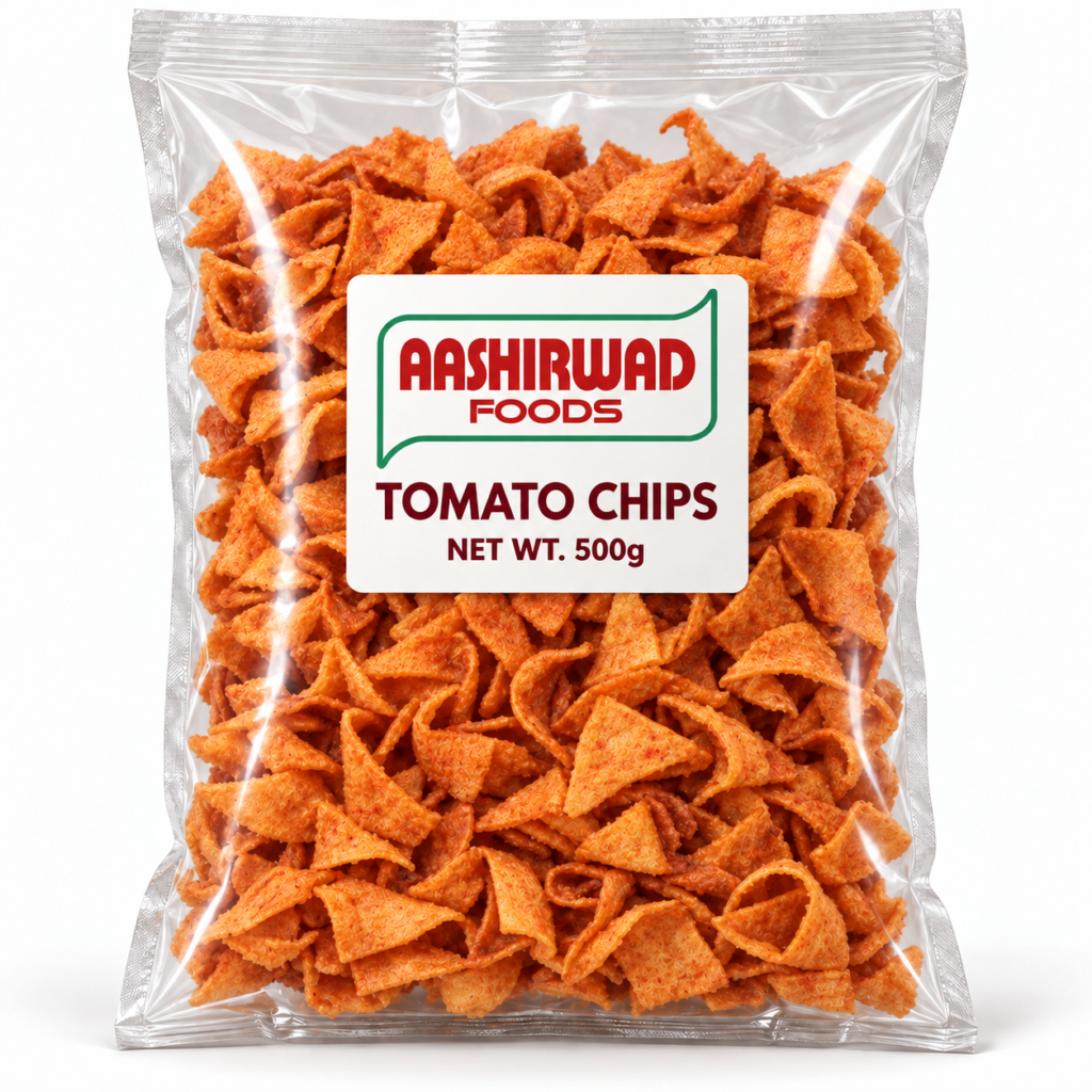 Aashirwad Foods Tomato Chips 500g transparent pouch mockup