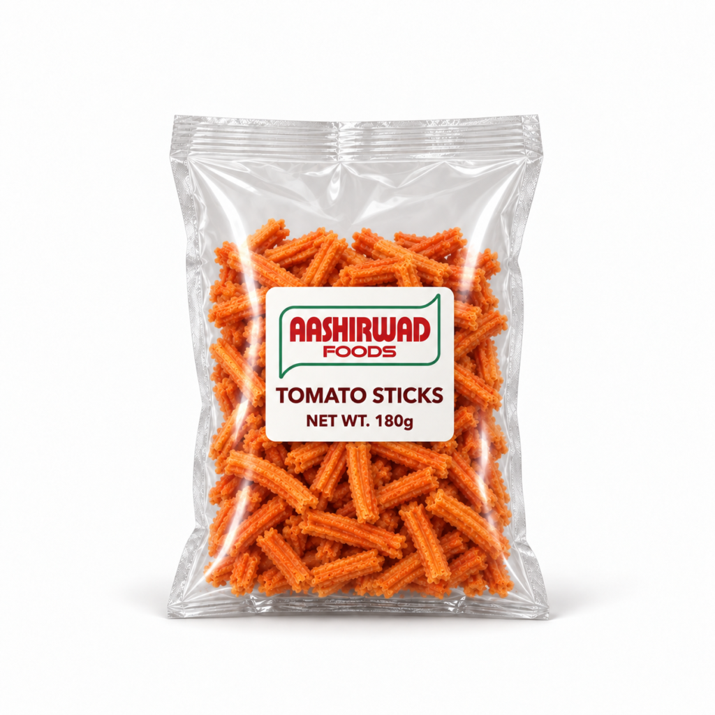 Aashirwad Foods Tomato Sticks 180g transparent pouch mockup