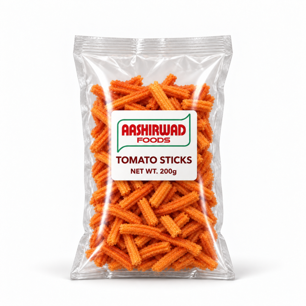 Aashirwad Foods Tomato Sticks 200g transparent pouch mockup