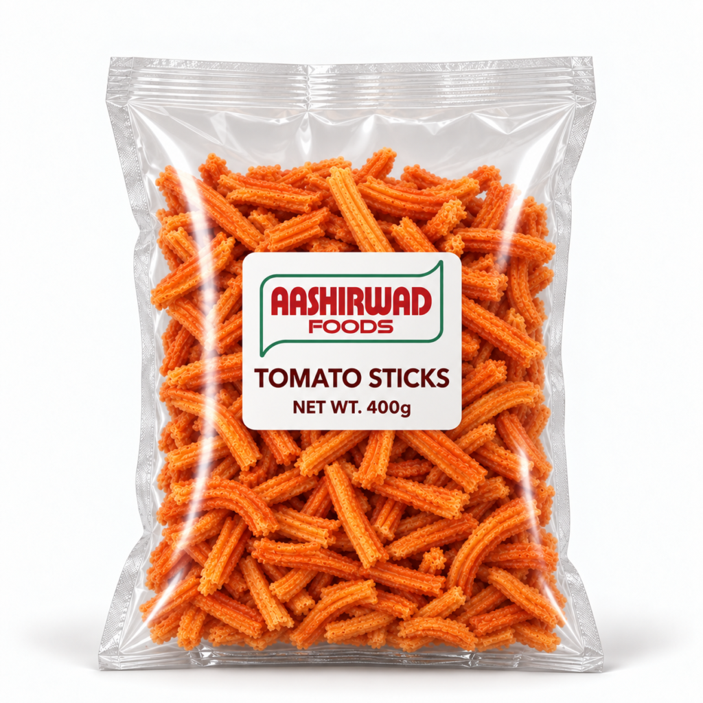 Aashirwad Foods Tomato Sticks 400g transparent pouch mockup